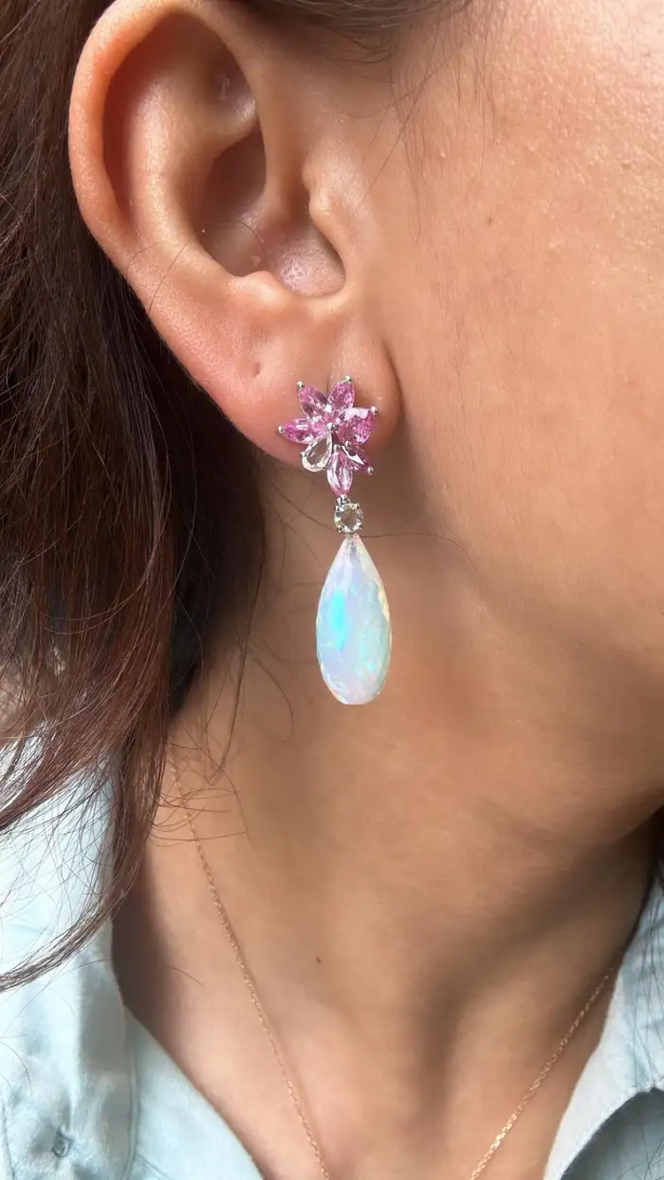 Natural Ethiopian Opal & Diamond Dangle Earrings - 18k White Gold Pink Sapphire Women Jewelry