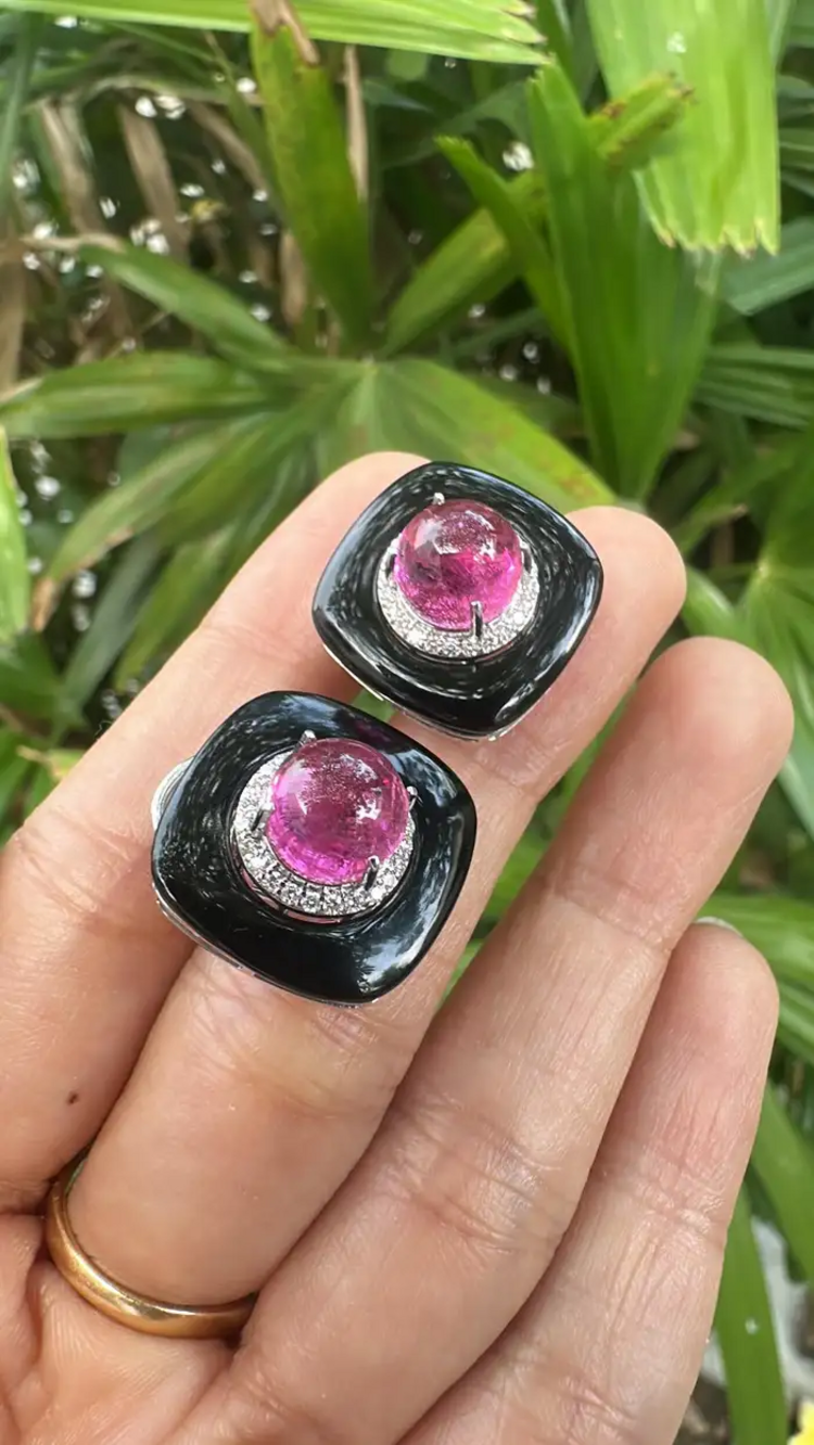 18k White Gold Diamond Stud Earrings - Natural Rubellite & Black Onyx Daily Wear Earrings