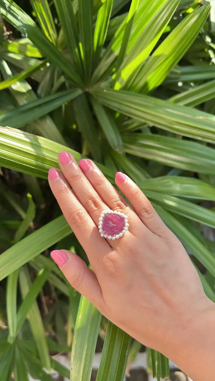 18k White Gold Carved Tourmaline Statement Ring - 10.67 Ct. Carved Tourmaline & Fresh Water Pearl Ring
