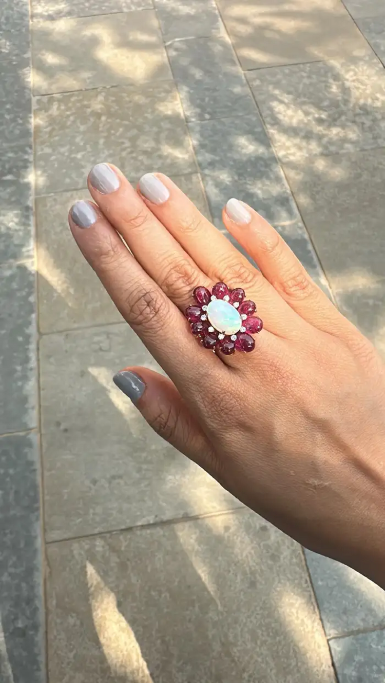 Natural Ethiopian Opal & Tourmaline Cocktail Ring - 18k White Gold Diamond Ring
