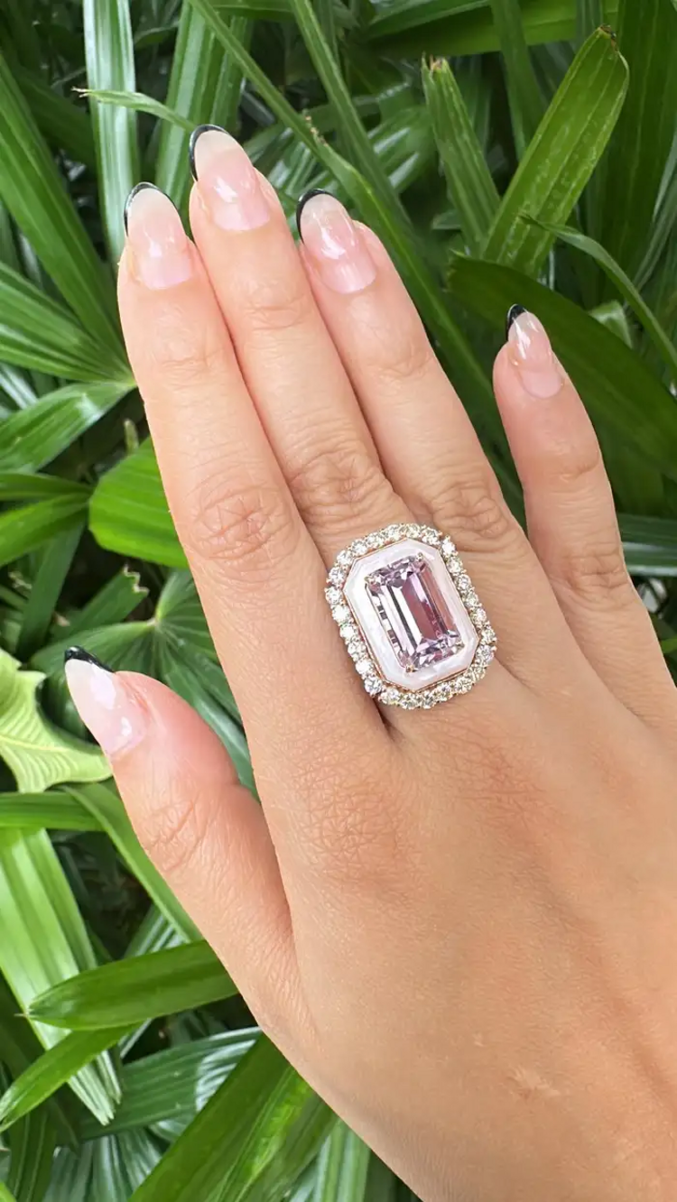 18k Rose Gold Diamond Handmade Ring - Natural Kunzite & Mother Of Pearl Cocktail Ring