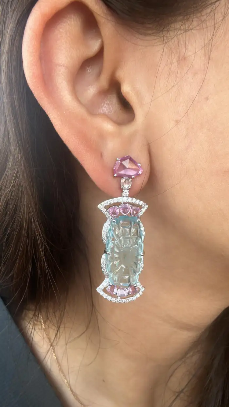 White Gold 18k Earrings - Natural Pink Sapphire & Carved Aquamarine Gemstone Dangle Earrings - Gold Diamond Women Valentine Jewelry