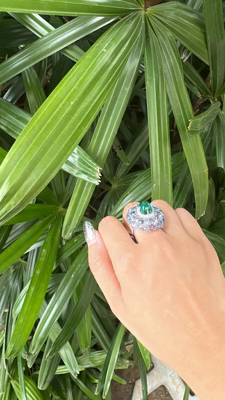 18k White Gold Diamond Statement Ring - Natural Zambian Emerald & Blue Sapphire Cocktail Ring