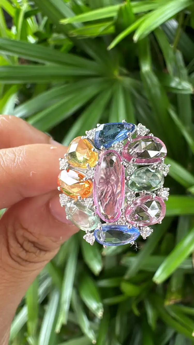 Multi Sapphire Gold Ring - 18k White Gold Handmade Cocktail Ring - Women Gold Diamond Ring