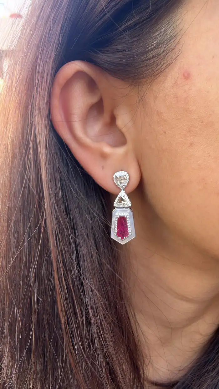 Natural Mozambique Ruby & Pearl Dangle Earrings - 18k White Gold Rose Gold Handmade Earrings