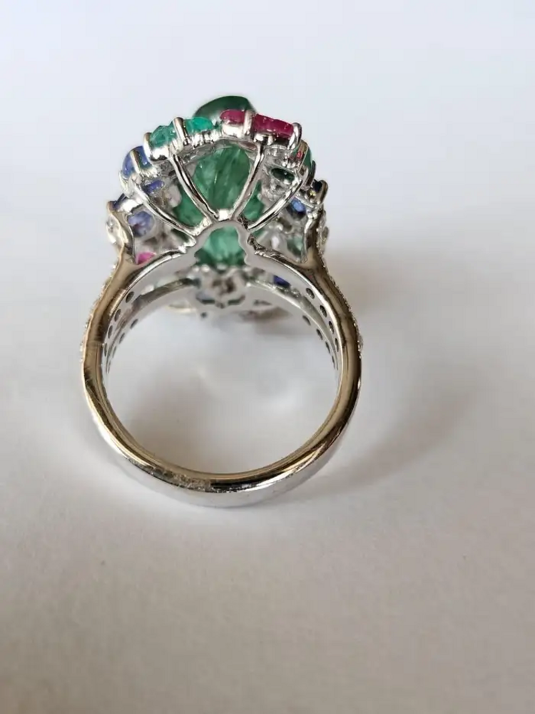 18k White Gold Handmade Cocktail Ring - Natural Emerald, Blue Sapphires, Ruby & Diamonds Cocktail Ring