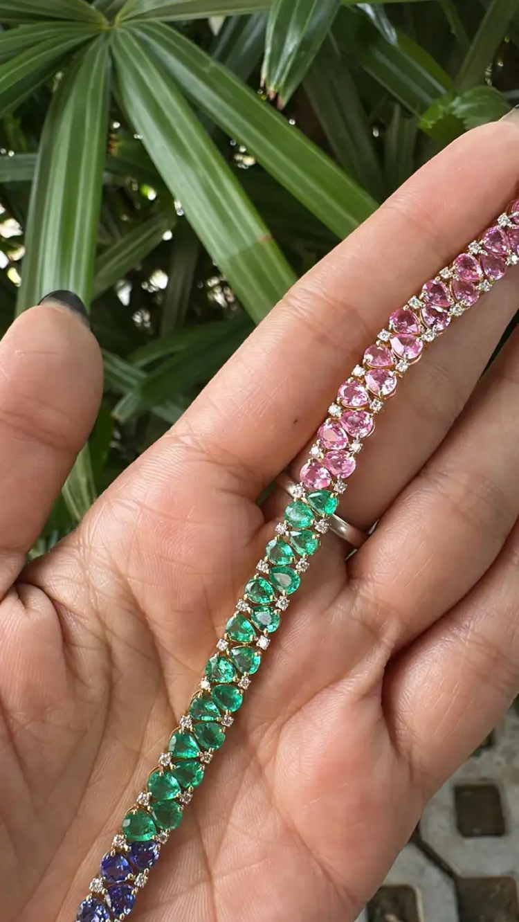 Natural Emerald, Tanzanite & Pink Sapphire Bracelet - 18k Yellow Gold Diamond Tennis Bracelet