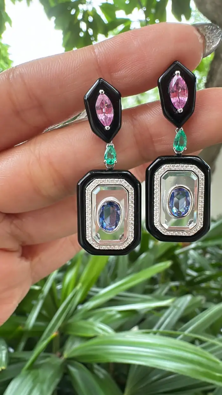 18k White Gold Diamond Dangle Earrings - Natural Emerald, Sapphire, Black Onyx & Crystal Earrings