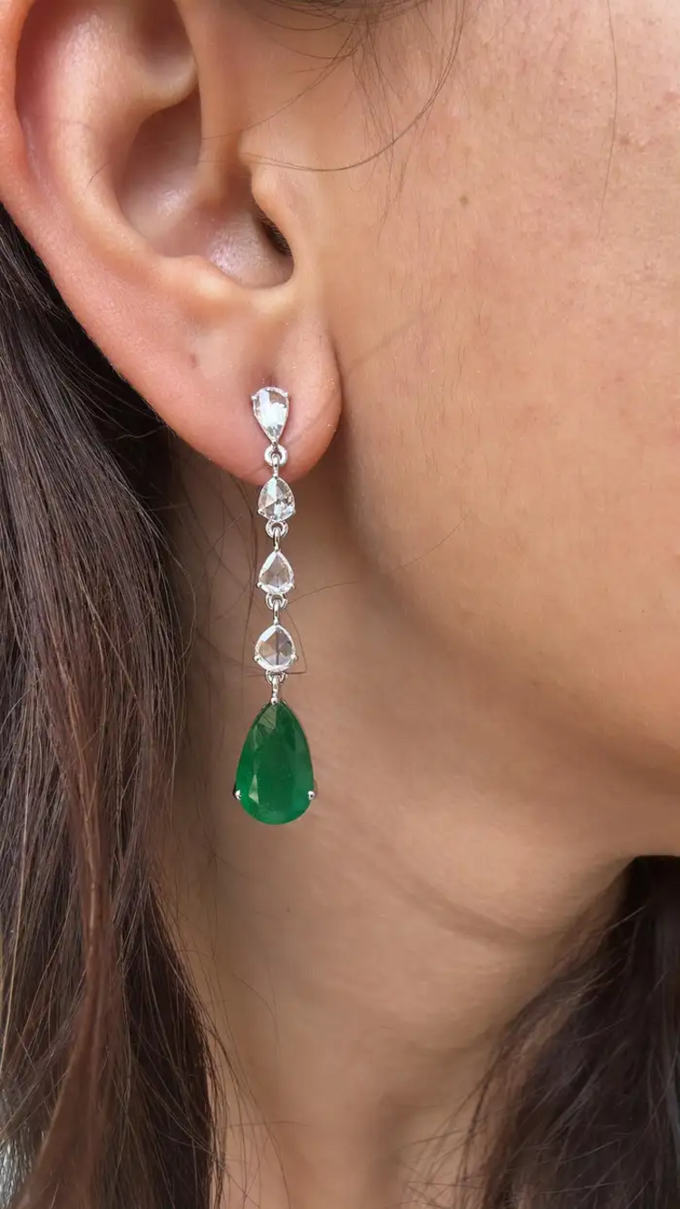 18k White Gold Diamond Dangle Earrings - Natural Pear Shape Zambian Emerald Earrings - Rose Cut Diamonds Earrings