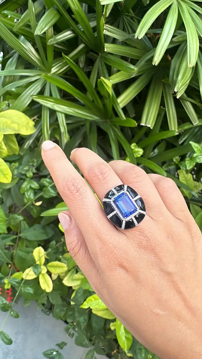 18k Gold Diamond Ring - Natural 7.33 Ct. Tanzanite & Black Onyx Ring - Handmade White Gold Ring
