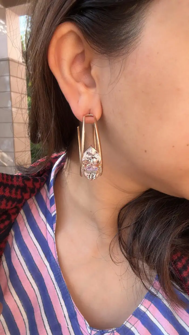 18k Yellow Matte Gold Hoop Earrings - Natural Morganite & Diamond Earrings