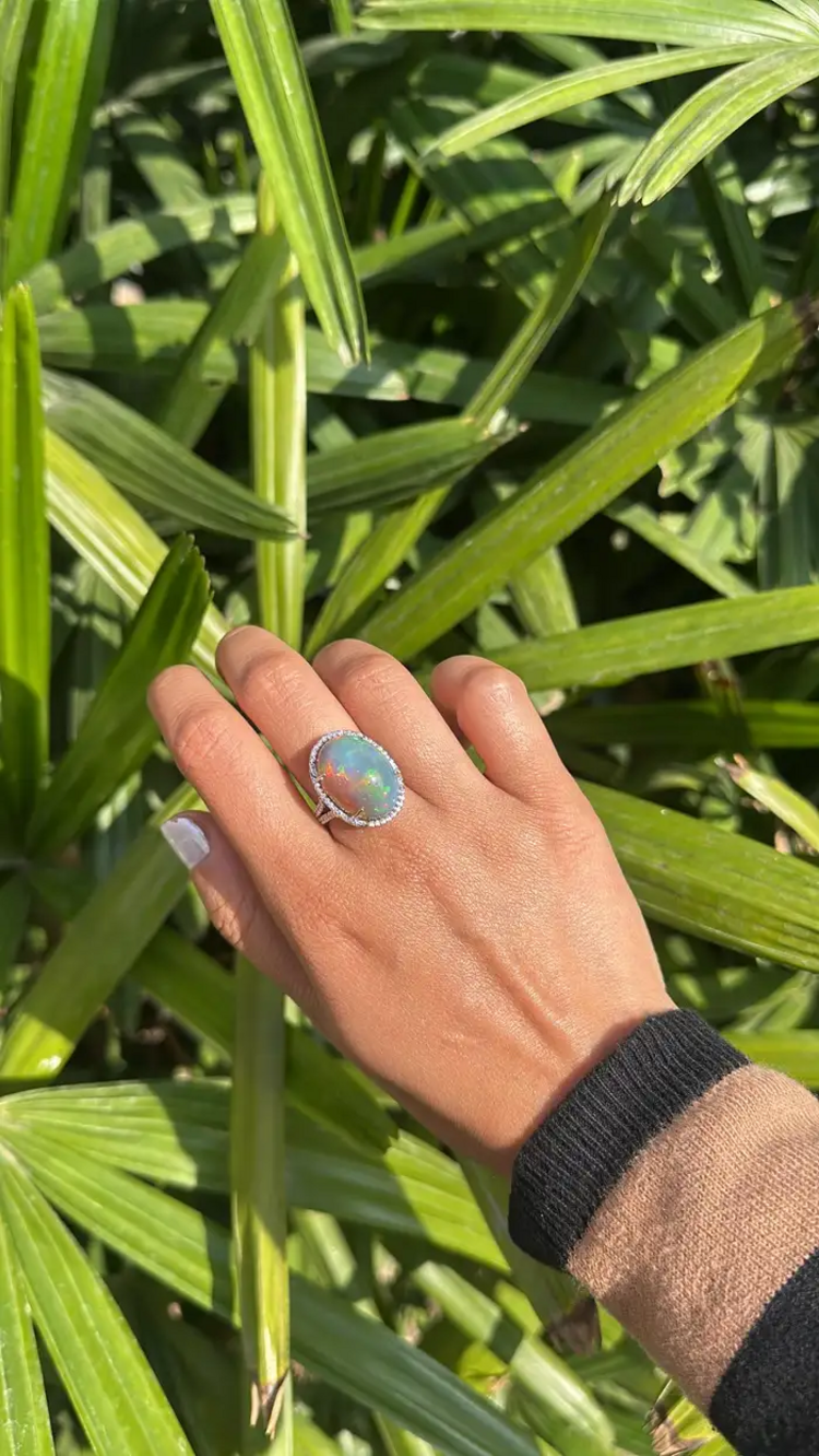 18k White Gold Diamond Statement Ring - Natural 16.23 Ct. Ethiopian Opal Women Ring