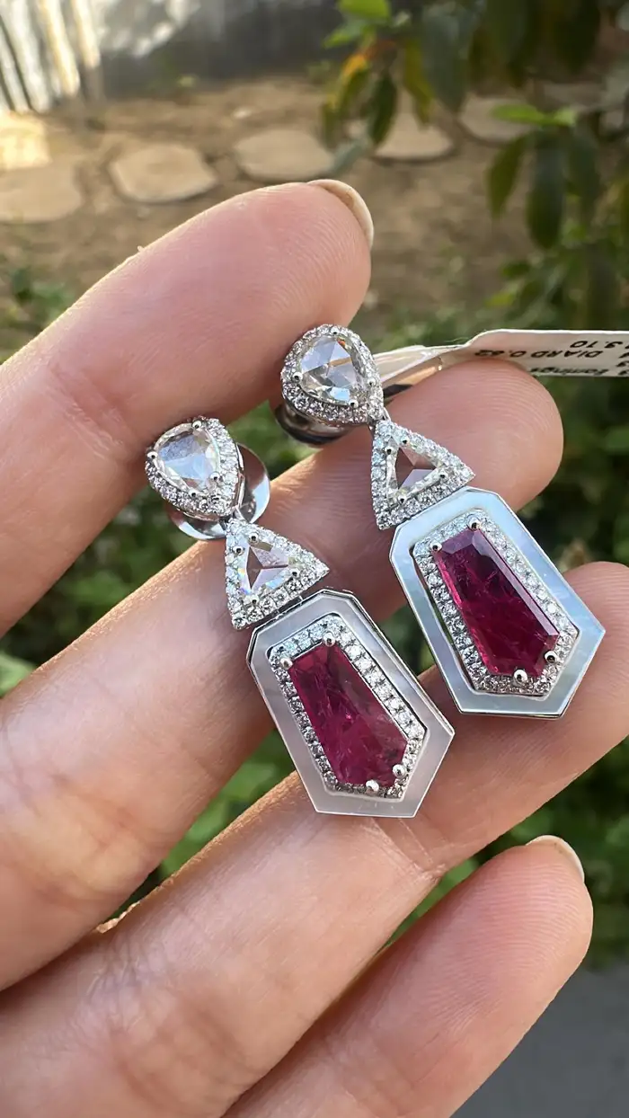 Natural Mozambique Ruby & Pearl Dangle Earrings - 18k White Gold Rose Gold Handmade Earrings