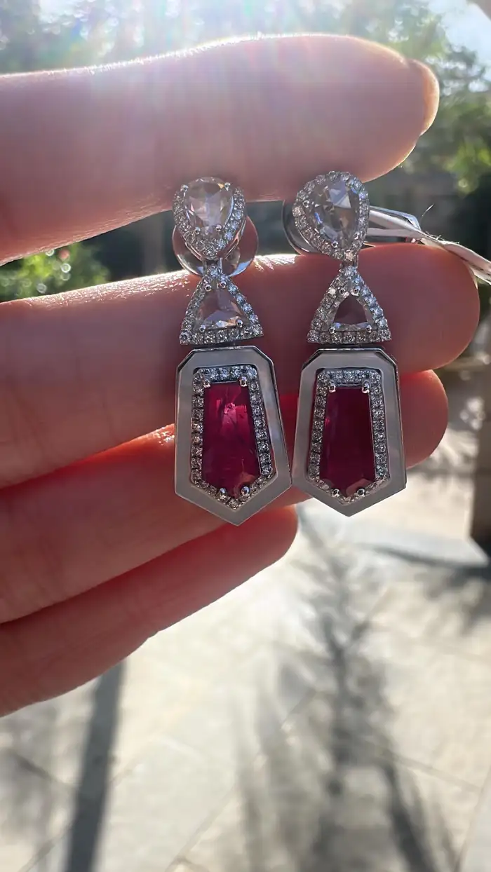 Natural Mozambique Ruby & Pearl Dangle Earrings - 18k White Gold Rose Gold Handmade Earrings