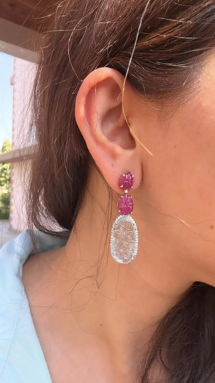 Natural Mozambique Ruby & Aquamarine Gemstone Dangle Earrings - 18k White Gold Diamond Earrings