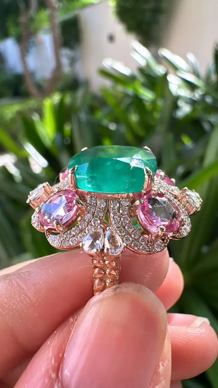 Natural Zambian Emerald & Ceylon Pink Sapphire Ring - 18k Rose Gold Diamond Wedding Ring