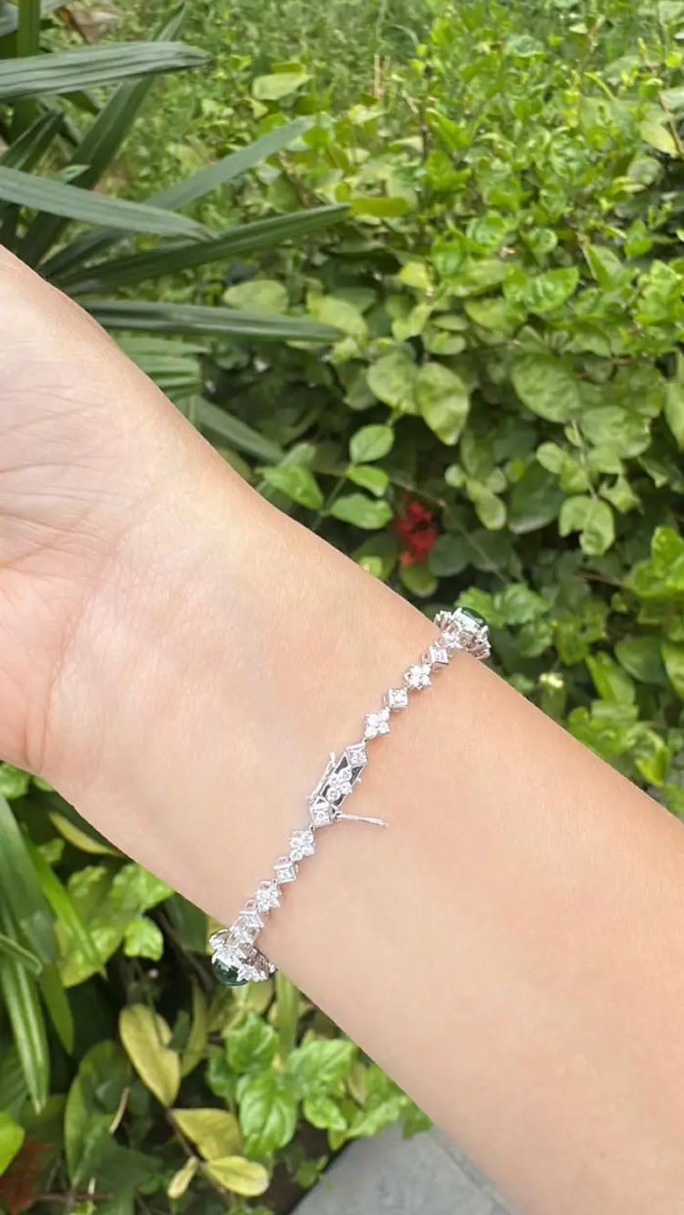 7.70 Ct. Burmese Jadeite & Diamond Bracelet - 18k White Gold Handmade Women Bracelet