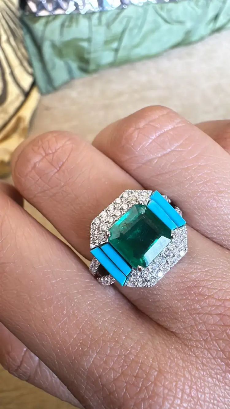 18k White Gold, Zambian Emerald, Natural Turquoise & Diamonds Engagement Ring