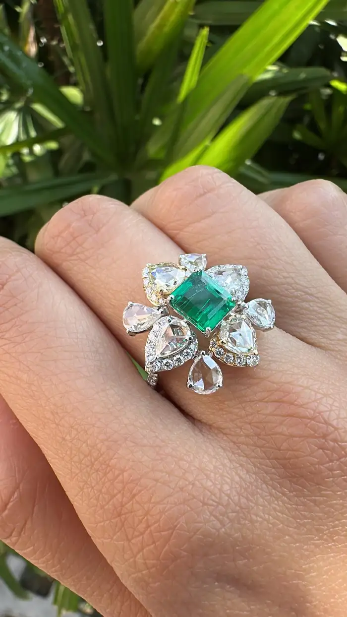 Natural Rose Cut Diamond Cocktail Ring - 18k White Gold Zambian Emerald Wedding Ring