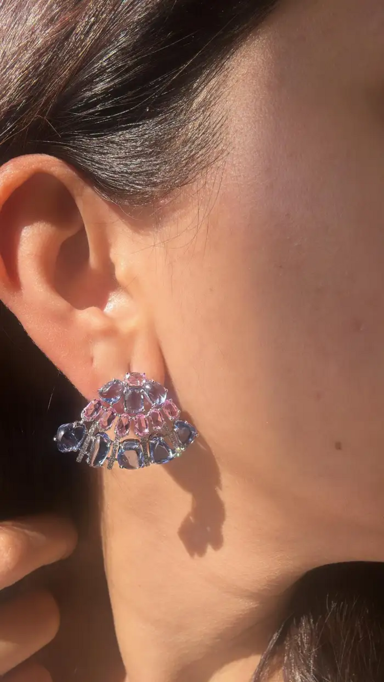 18k White Gold Diamond Stud Earrings - Natural Blue & Pink Sapphire Women Jewelry