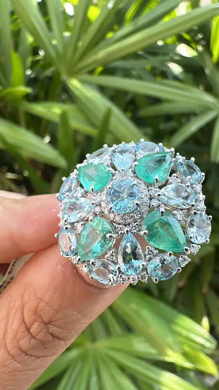 Colombian Emerald & Aquamarine Gemstone Statement Ring - 18k White Gold Diamond Cocktail Ring