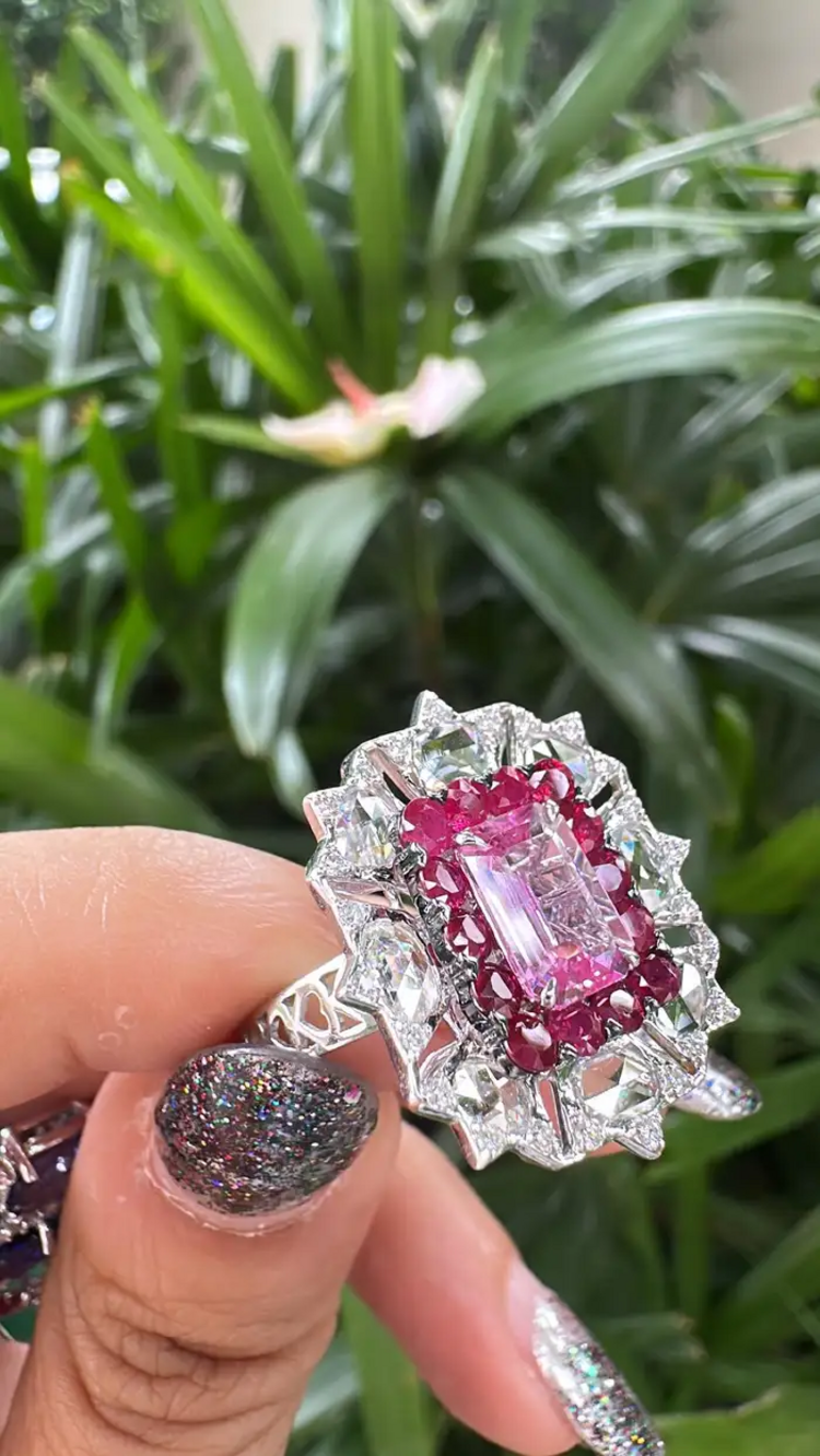18k White Gold Rose Cut Diamond Cocktail Ring - Natural Ruby & Pink Sapphire Wedding Ring