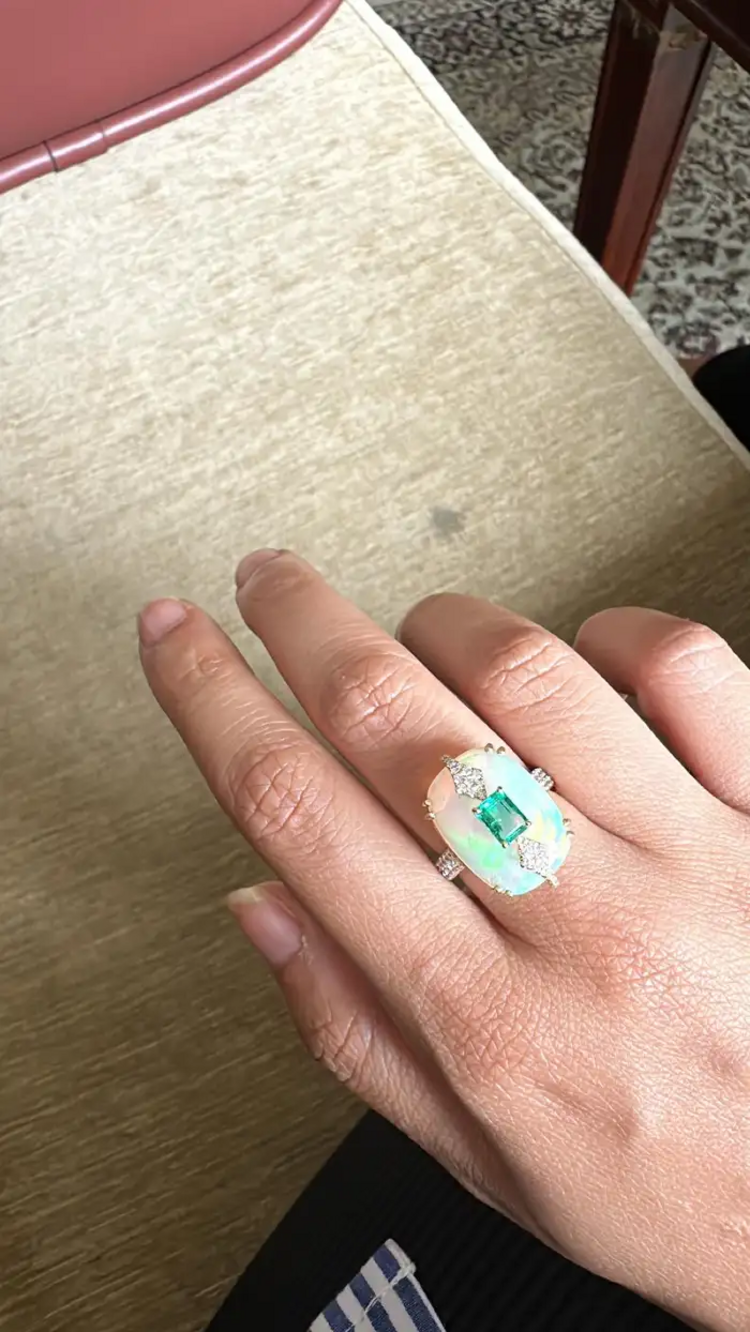 18k Yellow Gold Ethiopian Opal, Diamond Ring - Natural Zambian Emerald Ring