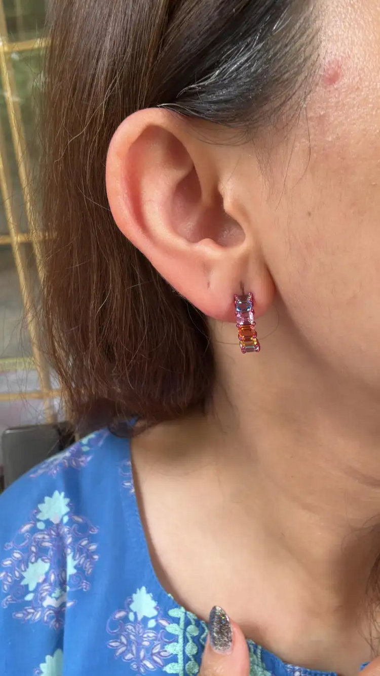 18k White Gold Half Hoop Earrings - Natural Ceylon Multi Sapphire Tiny Earrings