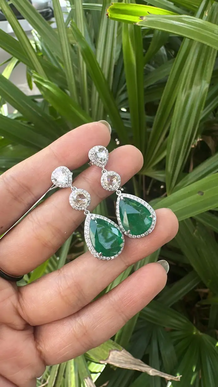 12.36 Ct. Natural Zambian Emerald Dangle Gold Earrings - 18k White Gold & Rose Cut Diamond Earrings