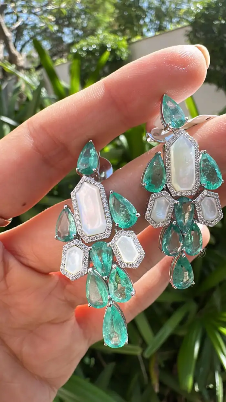 Natural Colombian Emerald & Pearl Chandelier Earrings - 18k White Gold Diamond Dangle Earrings