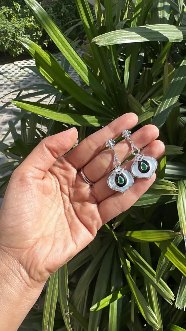 18k White Gold Zambian Emerald Dangle Earrings - Natural Diamond, Black Onyx & Pearl Wedding Earrings