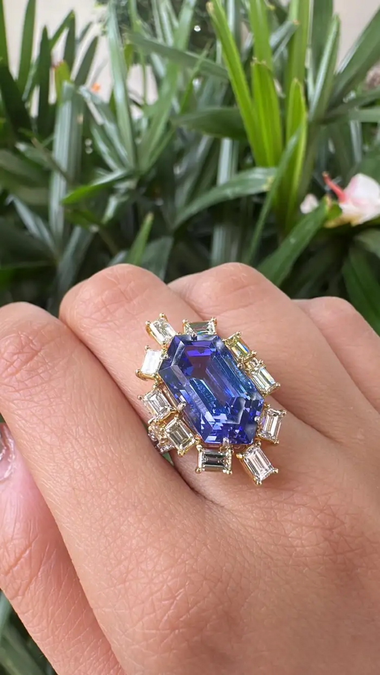 18k White Gold Yellow Diamond Engagement Ring - Natural Hexagon Cut Tanzanite Statement Ring