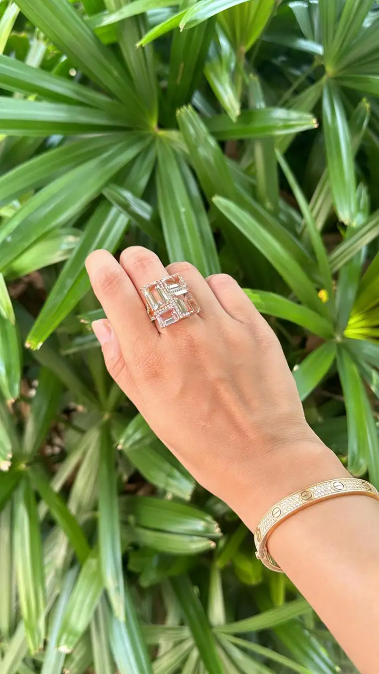 Natural Morganite Gemstone Cocktail Ring - 18k Rose Gold Diamond Ring
