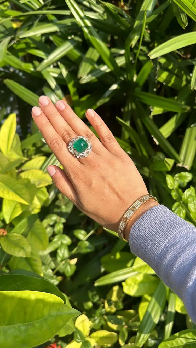 17.79 carats, natural Zambian Emerald Sugarloaf & Rose Cut Diamond Cocktail Ring