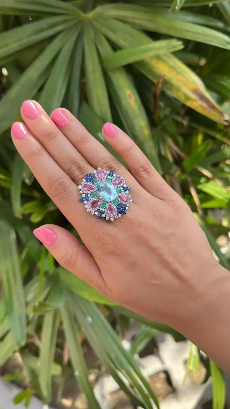 Natural Aquamarine, Sapphires & Emerald Statement Ring - 18k White Gold Diamond Wedding Ring
