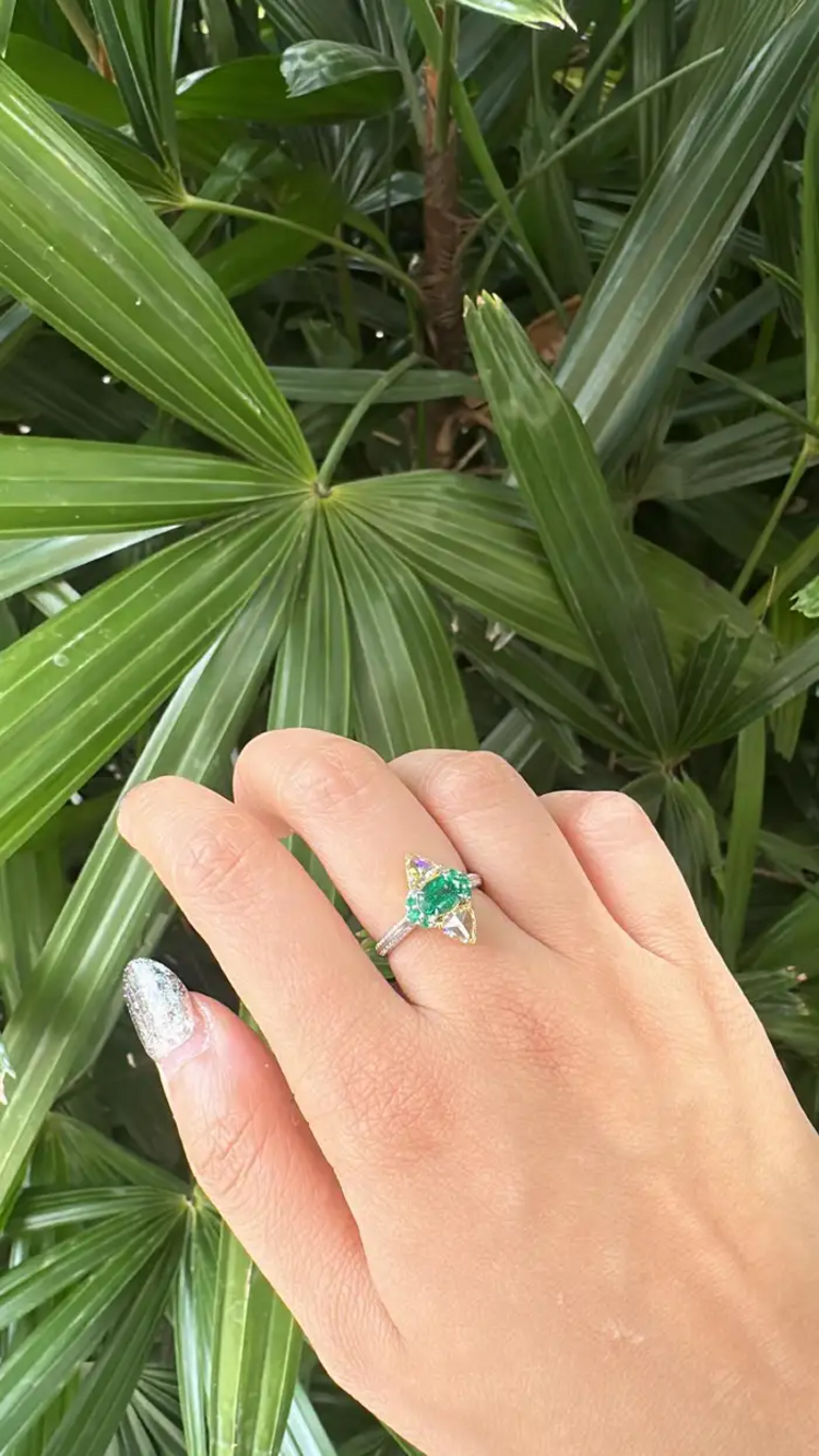 Natural Zambian Emerald Engagement Ring - 18k White Gold & Yellow Diamond Ring