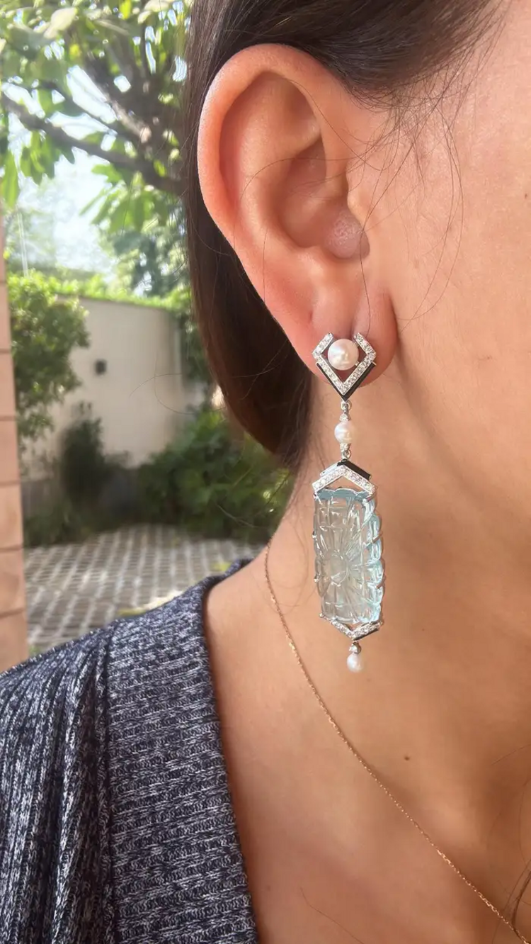 Handmade 18k White Gold Dangle Earrings - Natural Diamond & Carved Aquamarine Gemstone Earrings - Freshwater Pearl, Black Enamel Earrings