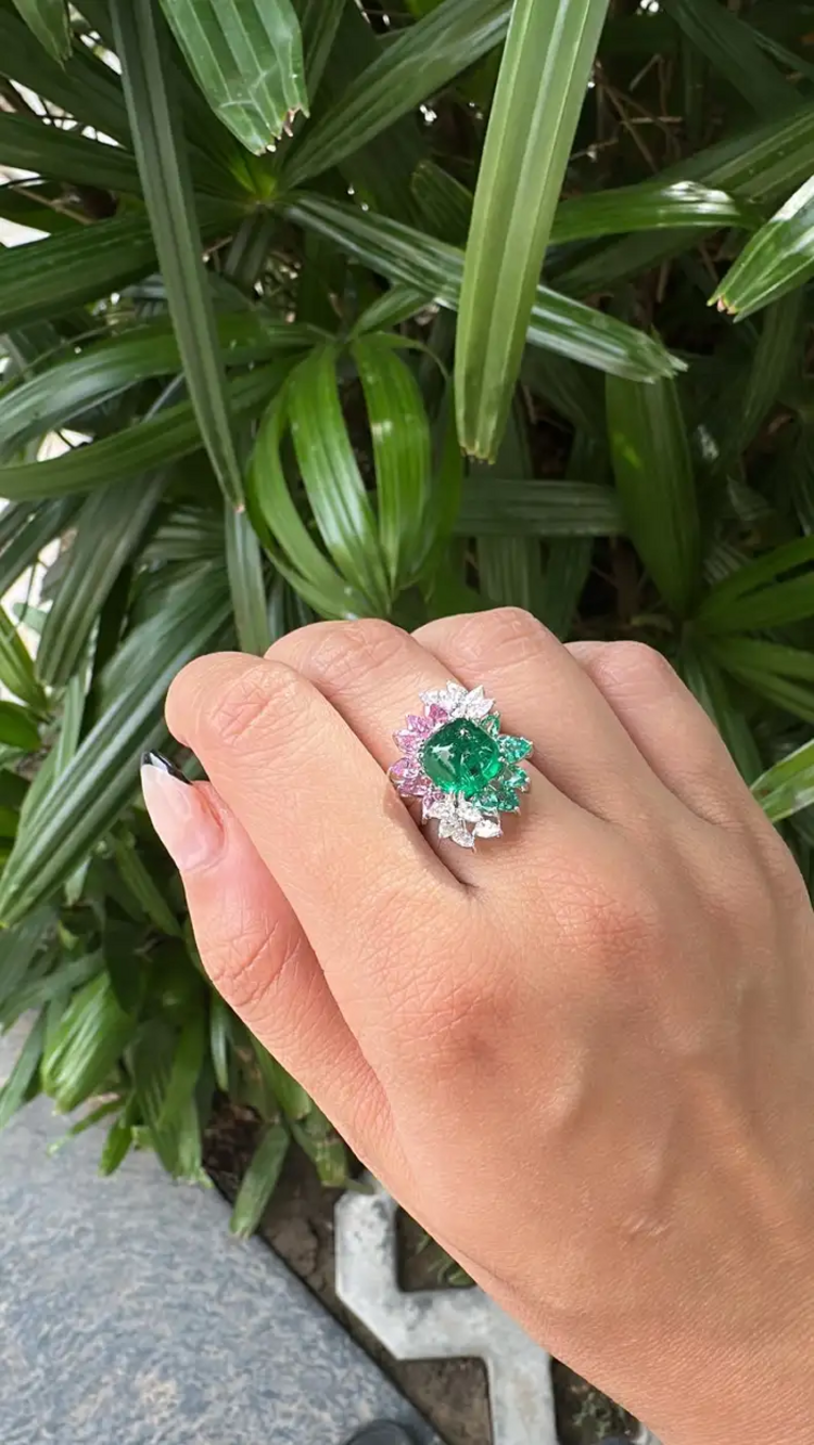 18k White Gold Diamond Cocktail Ring - Natural Zambian Emerald & Pink Sapphire Wedding Ring