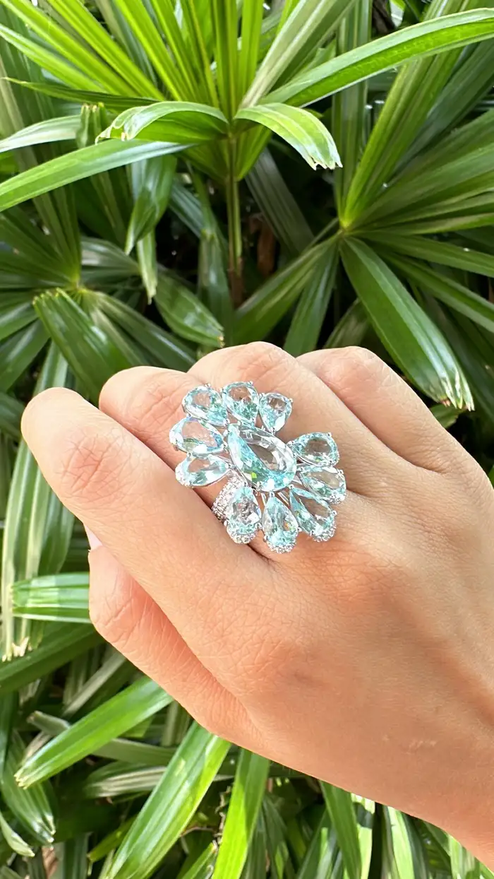 Set in 18K White Gold, 16.20 carats Aquamarine & Diamond oversized Cocktail Ring