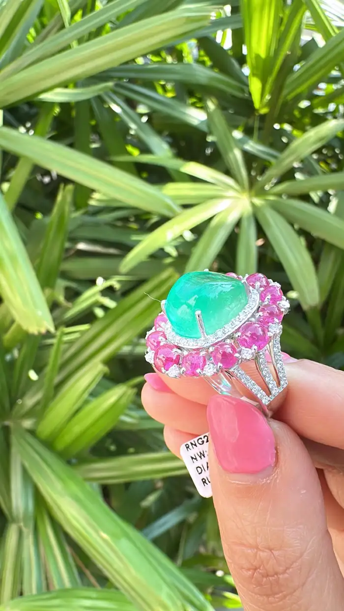 18k White Gold Diamond Cocktail Ring - Natural Colombian Emerald & Ruby Statement Ring
