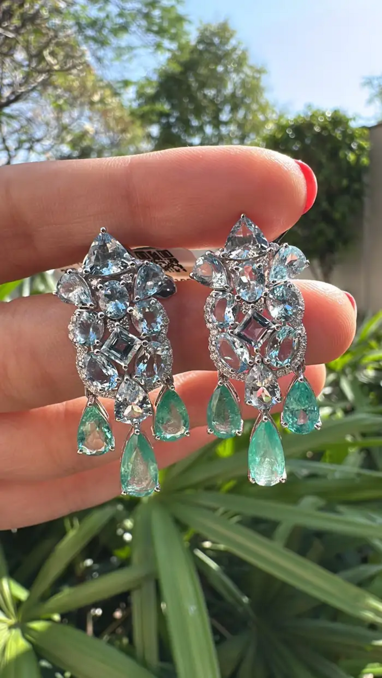 Natural Aquamarine & Colombian Emerald Dangle Earrings - 18k White Gold Diamond Wedding Earrings