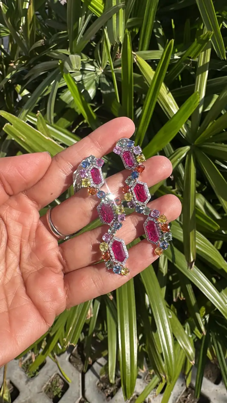 Natural Mozambique Ruby & Multi Sapphire Dangle Earrings - 18k White Gold Diamond Earrings