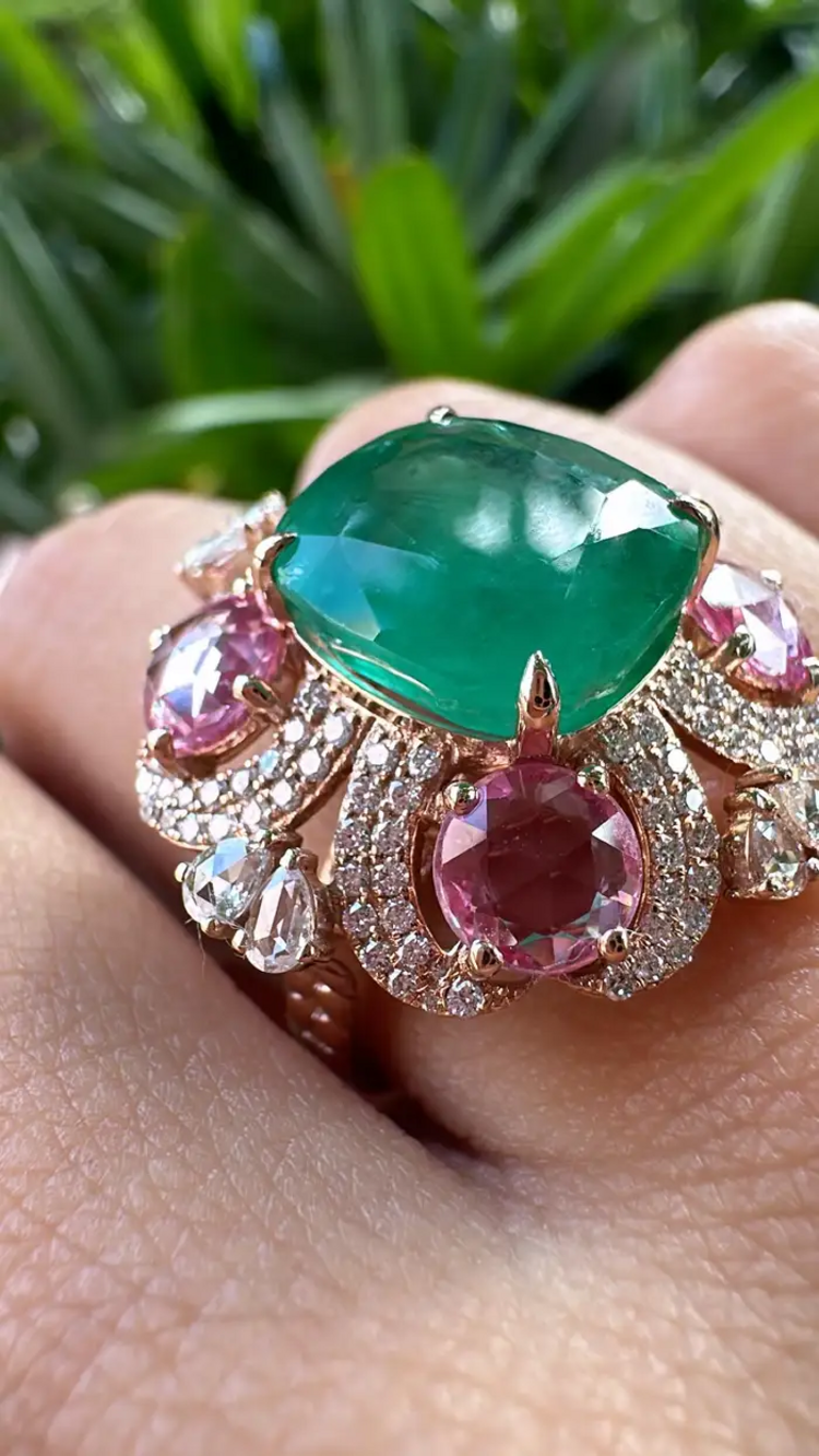Natural Zambian Emerald & Ceylon Pink Sapphire Ring - 18k Rose Gold Diamond Wedding Ring