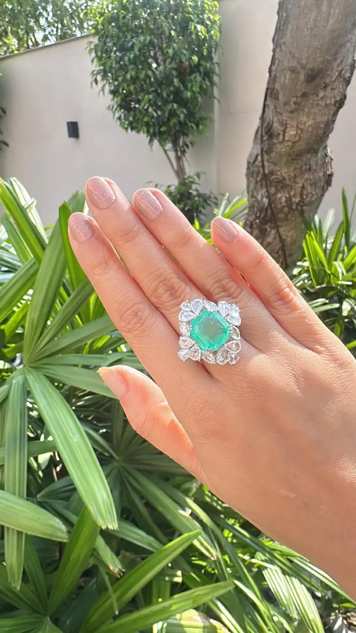 9.22 Ct. Colombian Emerald Engagement Ring - Natural Rose Cut Diamond Wedding Ring
