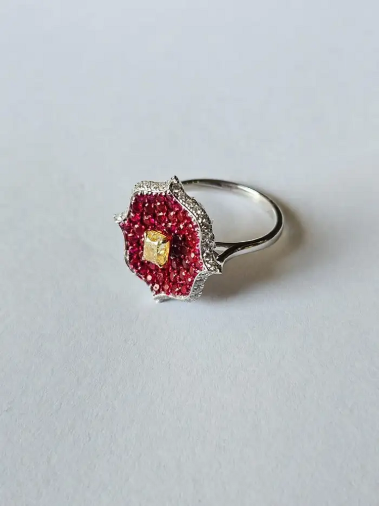 Natural Ruby & Yellow Diamond Ring - 18k White Gold Diamond Stackable Wedding Ring