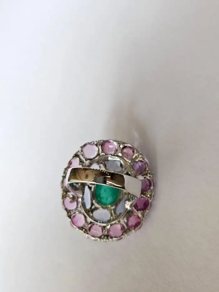 Colombian Emerald & Diamond Cocktail Ring - 18k White Gold Pink & Blue Sapphire Statement Ring