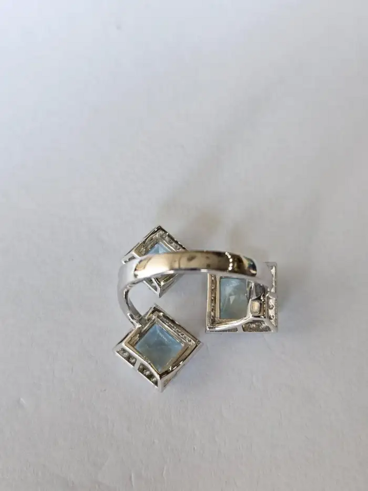 3.80 Ct. Aquamarine Gemstone Three Stone Cocktail Ring - 18k White Gold Diamond Ring