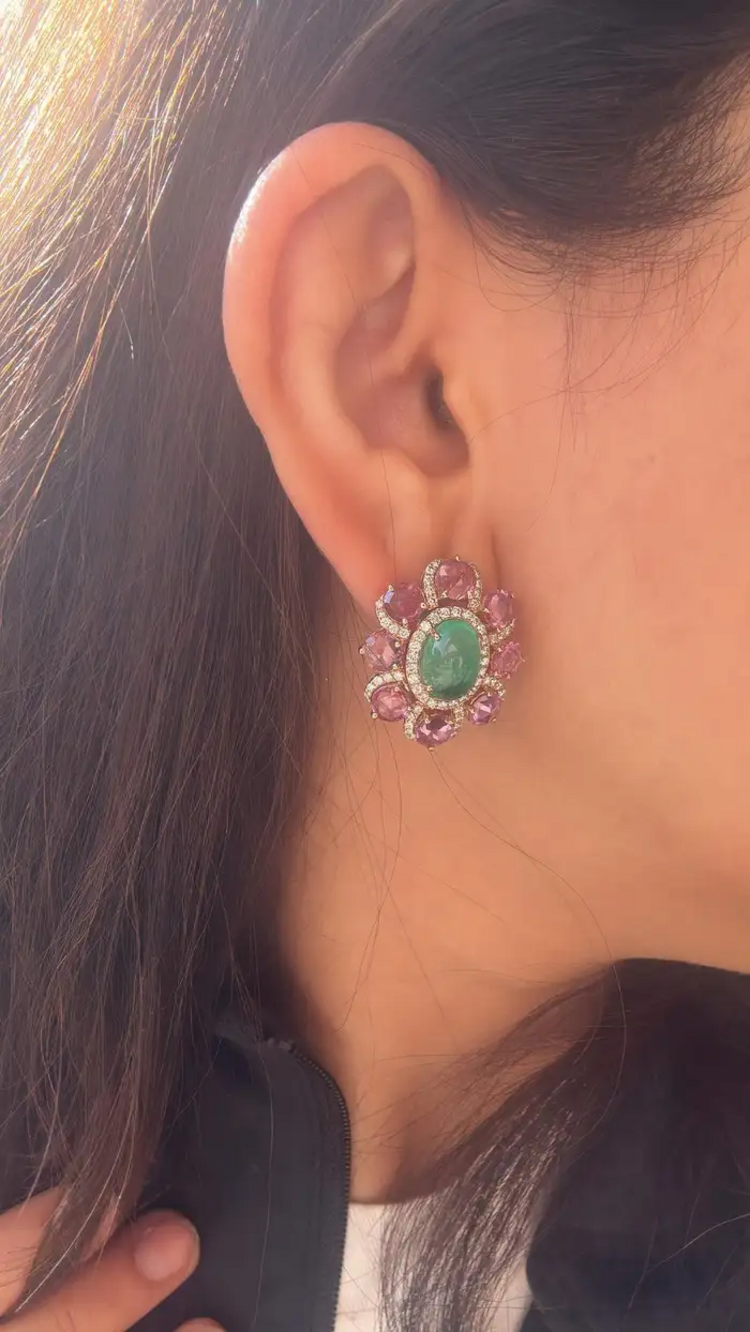 Natural Colombian Emerald & Pink Sapphire Stud Earrings - 18k Rose Gold Diamond Earrings