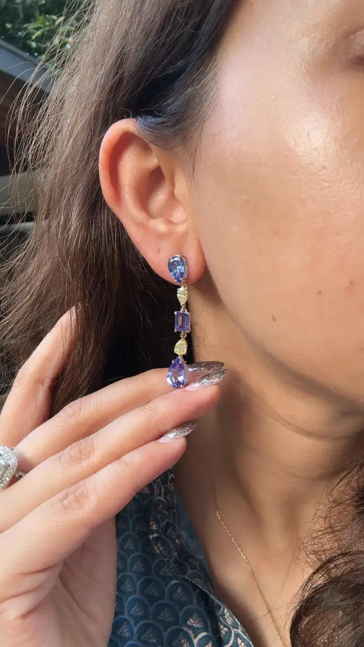 18k White Gold Diamond Dangle Earrings - Natural Tanzanite & Yellow Diamond Earrings