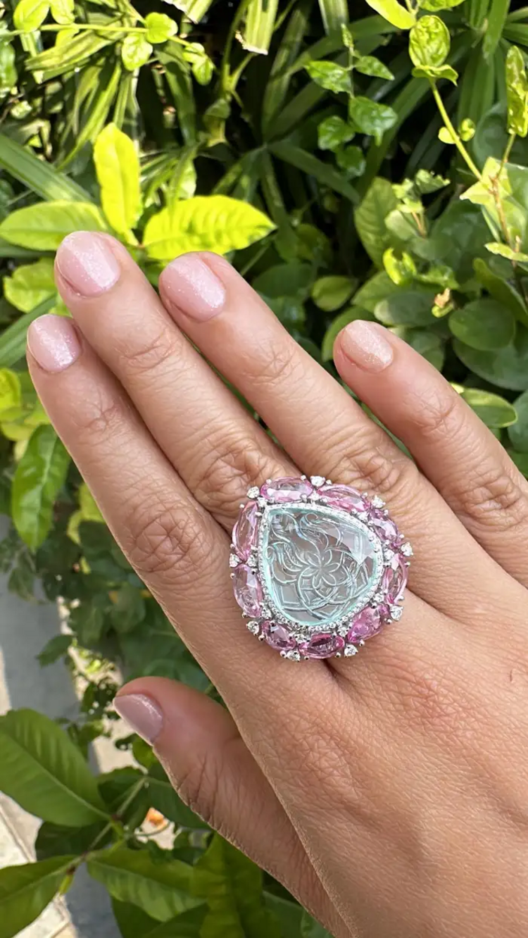 Carved Aquamarine & Pink Sapphire Gemstone Handmade Ring - Solid 18k White Gold Diamond Statement Ring